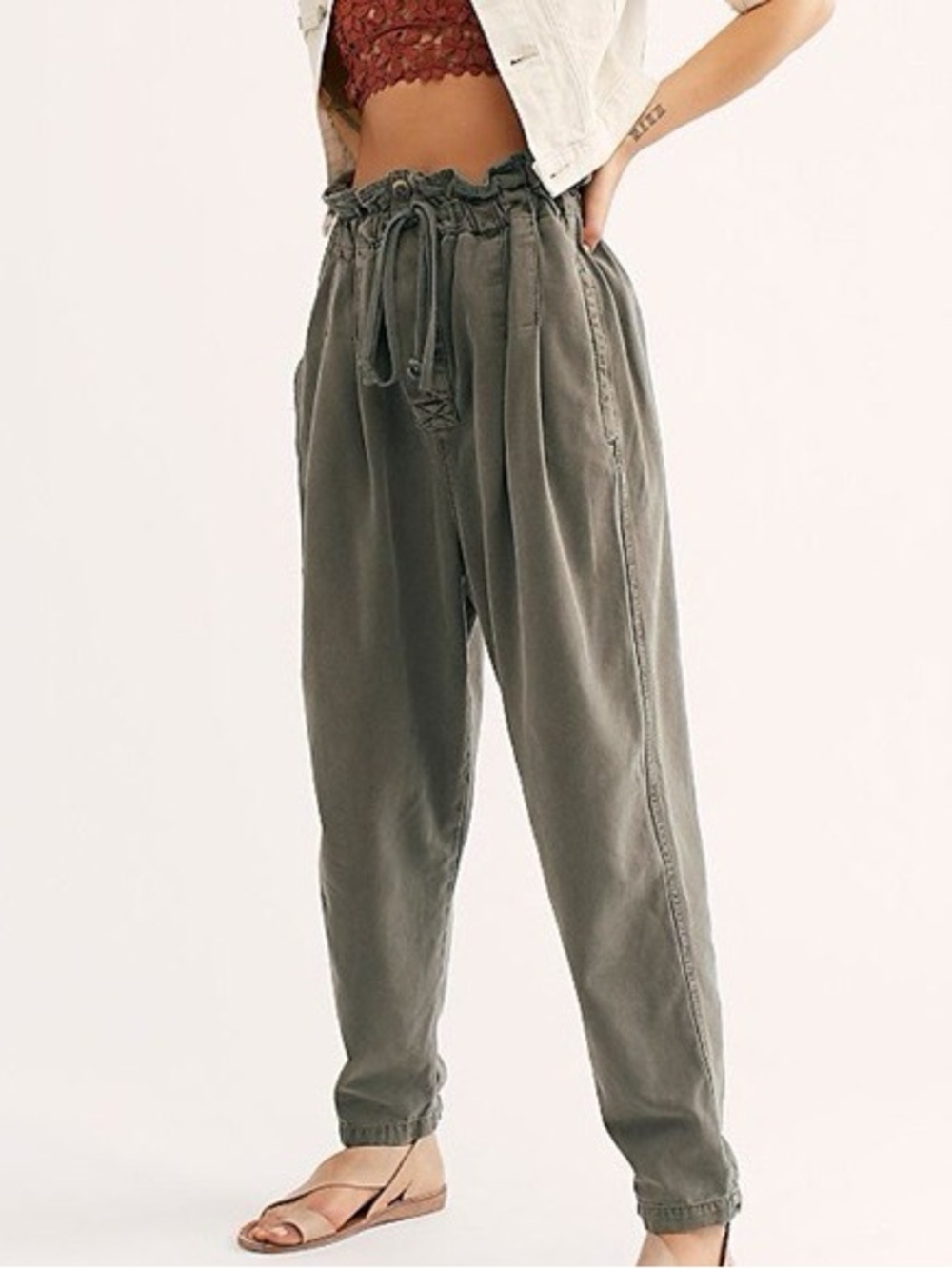 Free People Margate Pleated Trouser Khaki Green